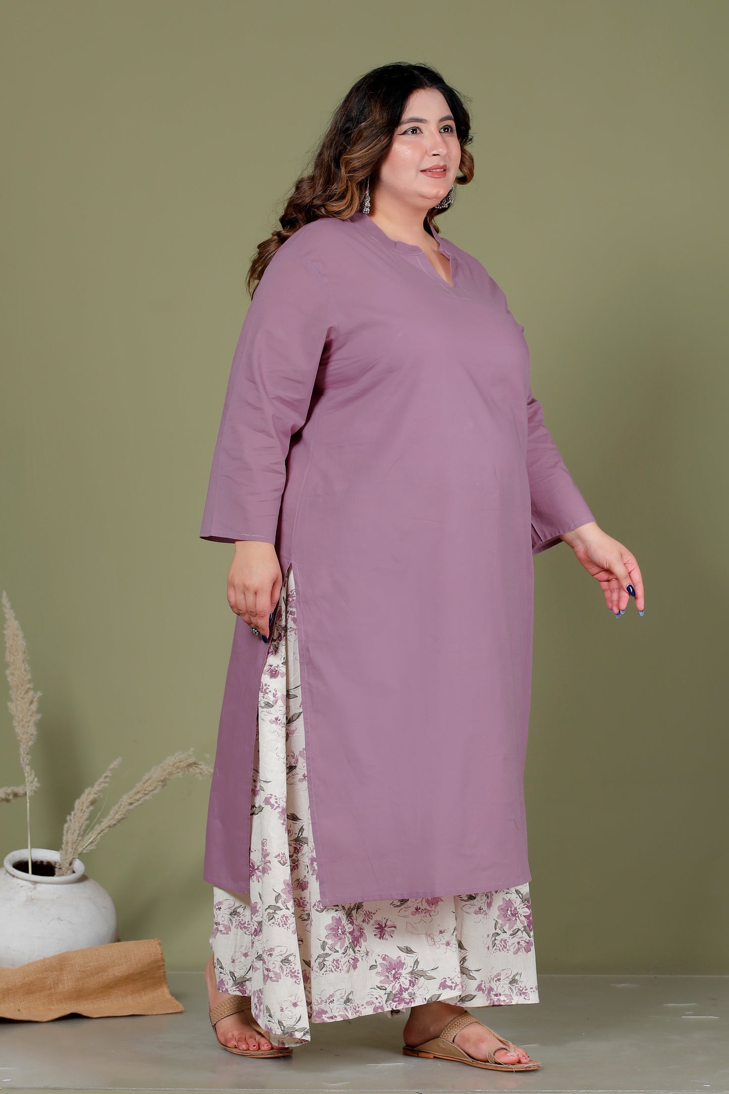 SKIRT PANT COTTONFLEX 2 PEICE SOLID KURTA SET IN MAUVE /OFF WHITE BY PLUSSIZEKURTI