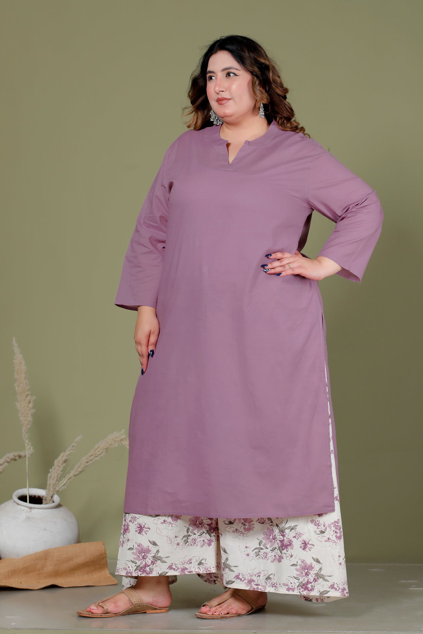 SKIRT PANT COTTONFLEX 2 PEICE SOLID KURTA SET IN MAUVE /OFF WHITE BY PLUSSIZEKURTI