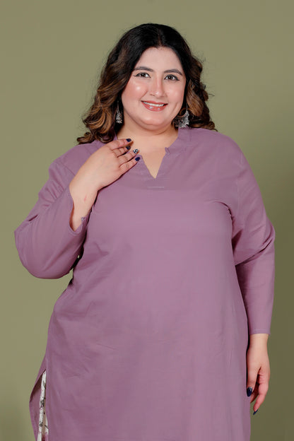 SKIRT PANT COTTONFLEX 2 PEICE SOLID KURTA SET IN MAUVE /OFF WHITE BY PLUSSIZEKURTI