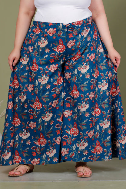 FLORA VINE PRINT COTTON SKIRT PANTS IN DEEP TEAL BLUE BY PLUSSIZEKURTI