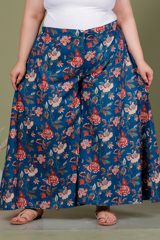 FLORA VINE PRINT COTTON SKIRT PANTS IN DEEP TEAL BLUE BY PLUSSIZEKURTI