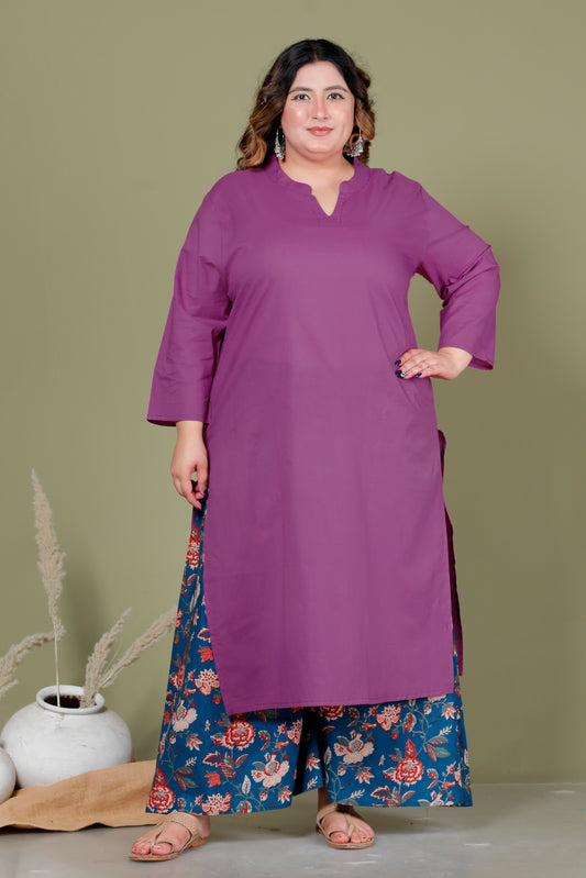 SKIRT PANT COTTON 2 PEICE SOLID KURTA SET IN PURPLE/BLUE BY PLUSSIZEKURTI