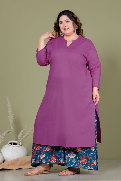 SKIRT PANT COTTON 2 PEICE SOLID KURTA SET IN PURPLE/BLUE BY PLUSSIZEKURTI
