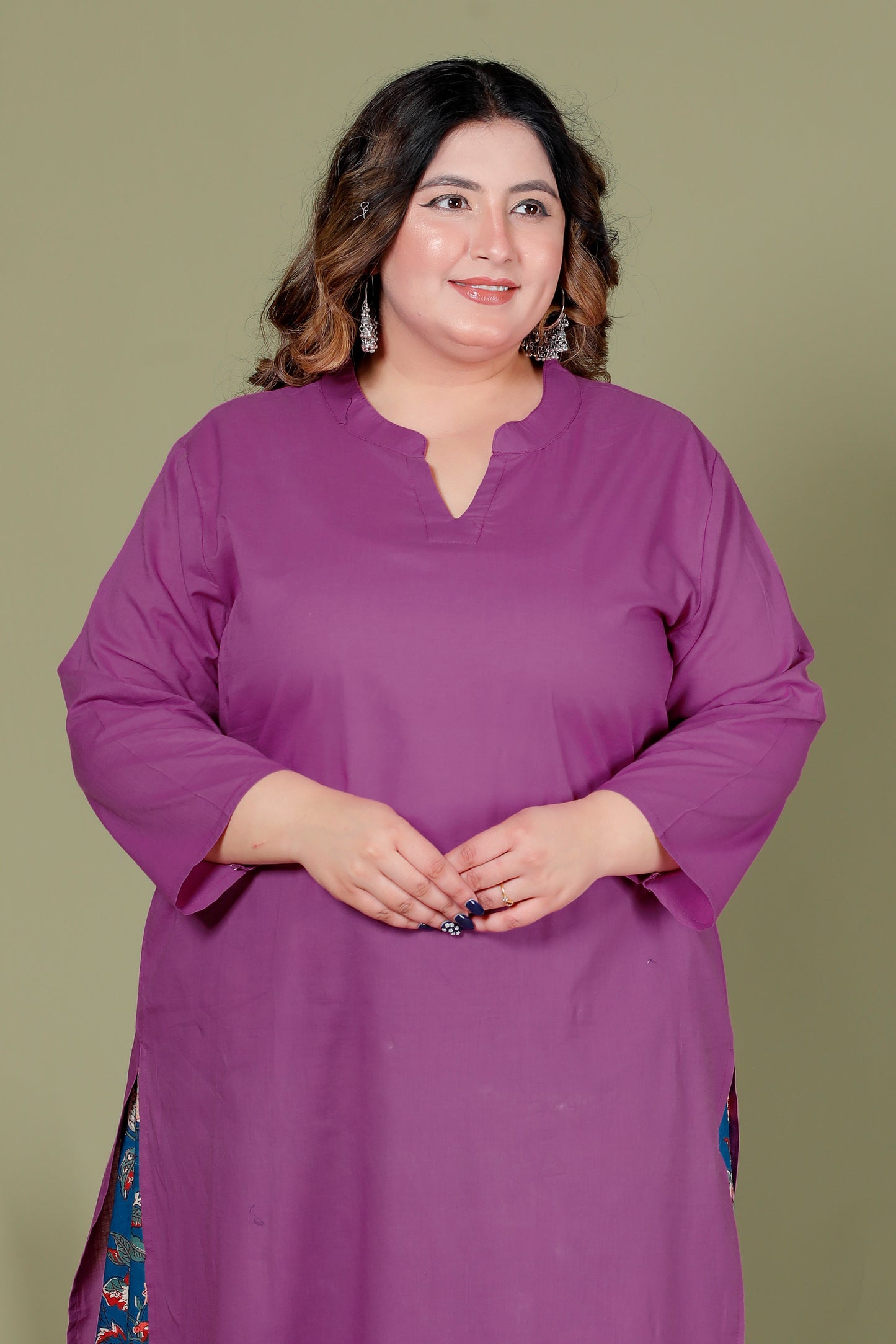 SKIRT PANT COTTON 2 PEICE SOLID KURTA SET IN PURPLE/BLUE BY PLUSSIZEKURTI