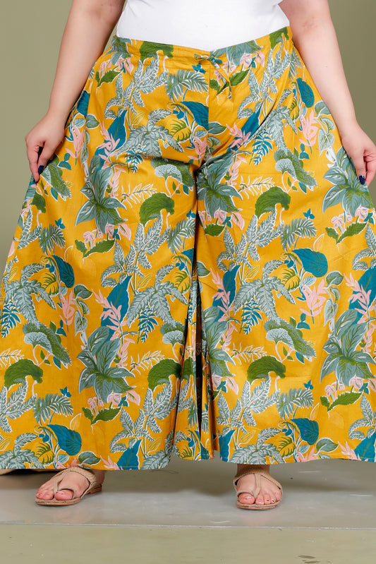TROPICAL LEAF PRINT COTTON SKIRT PANTS IN YELLOW/GREEN BY PLUSSIZEKURTI