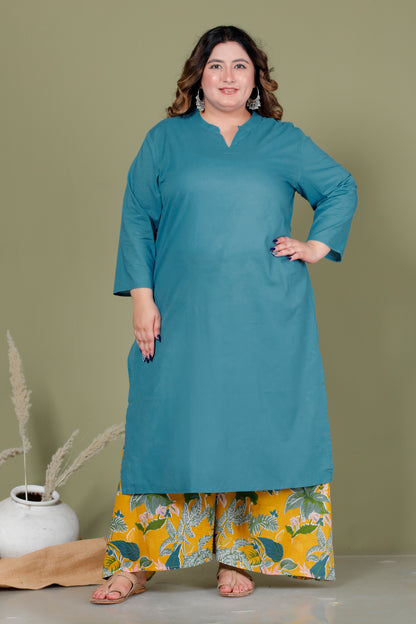SKIRT PANT COTTON 2 PEICE SOLID KURTA SET IN TEAL BLUE/YELLOW BY PLUSSIZEKURTI