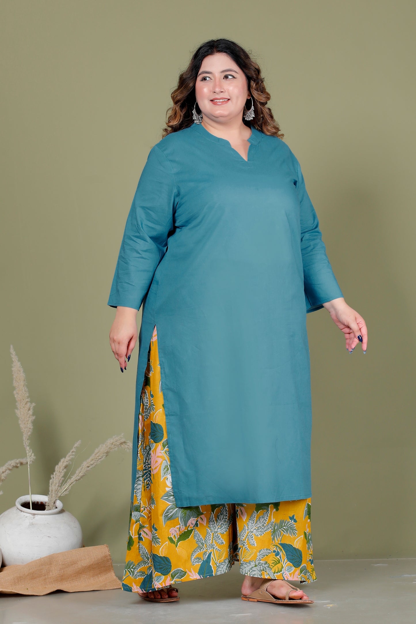 SKIRT PANT COTTON 2 PEICE SOLID KURTA SET IN TEAL BLUE/YELLOW BY PLUSSIZEKURTI