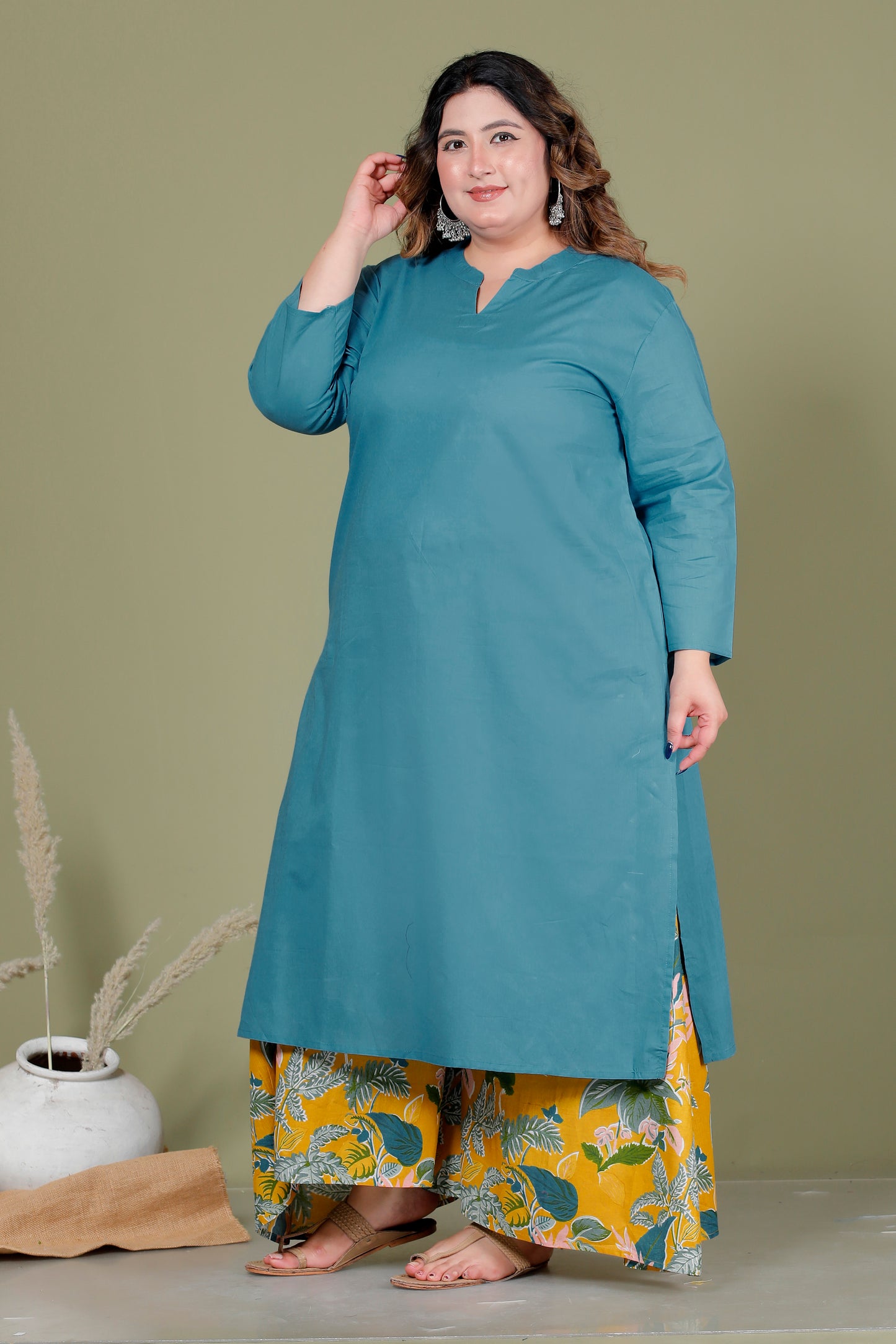 SKIRT PANT COTTON 2 PEICE SOLID KURTA SET IN TEAL BLUE/YELLOW BY PLUSSIZEKURTI
