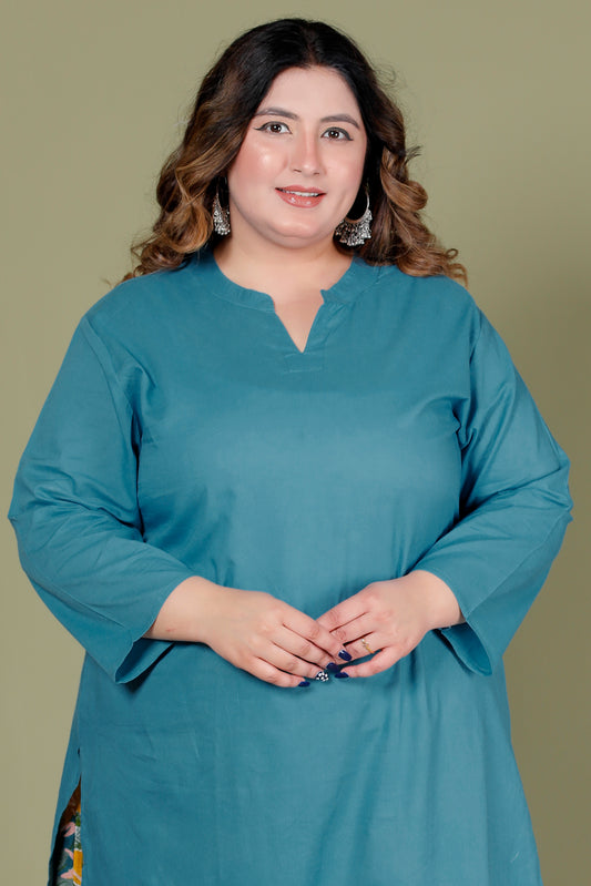SOLID COTTON KURTI IN TEALBLUE BY PLUSSIZEKURTI