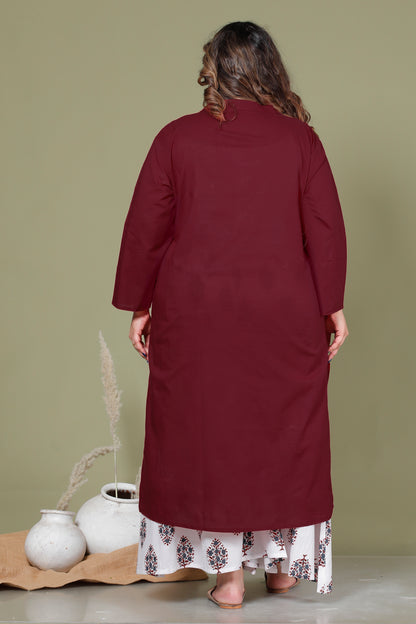 SKIRT PANT COTTON 2 PEICE SOLID KURTA SET IN WINE MAROON/IVORY BY PLUSSIZEKURTI