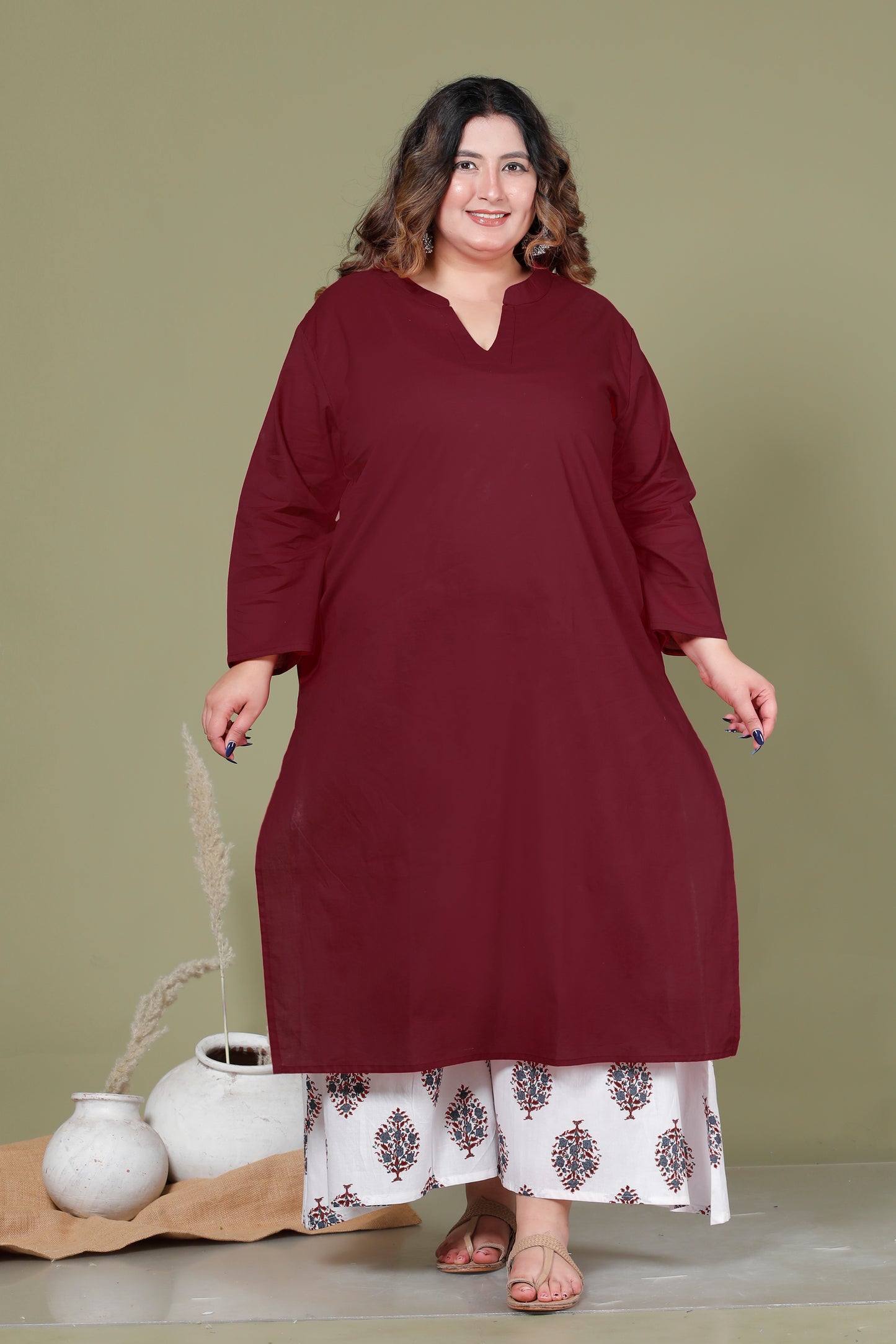 SKIRT PANT COTTON 2 PEICE SOLID KURTA SET IN WINE MAROON/IVORY BY PLUSSIZEKURTI