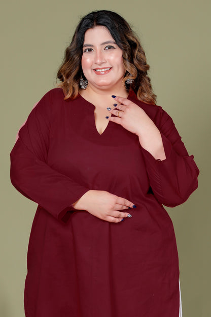 SOLID COTTON KURTI IN WINE MAROON BY PLUSSIZEKURTI
