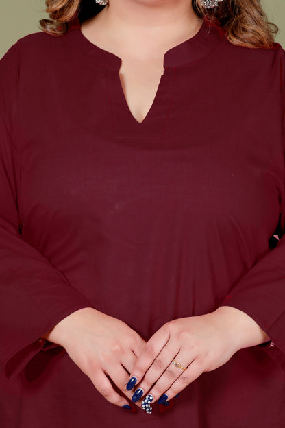 SOLID COTTON KURTI IN WINE MAROON BY PLUSSIZEKURTI