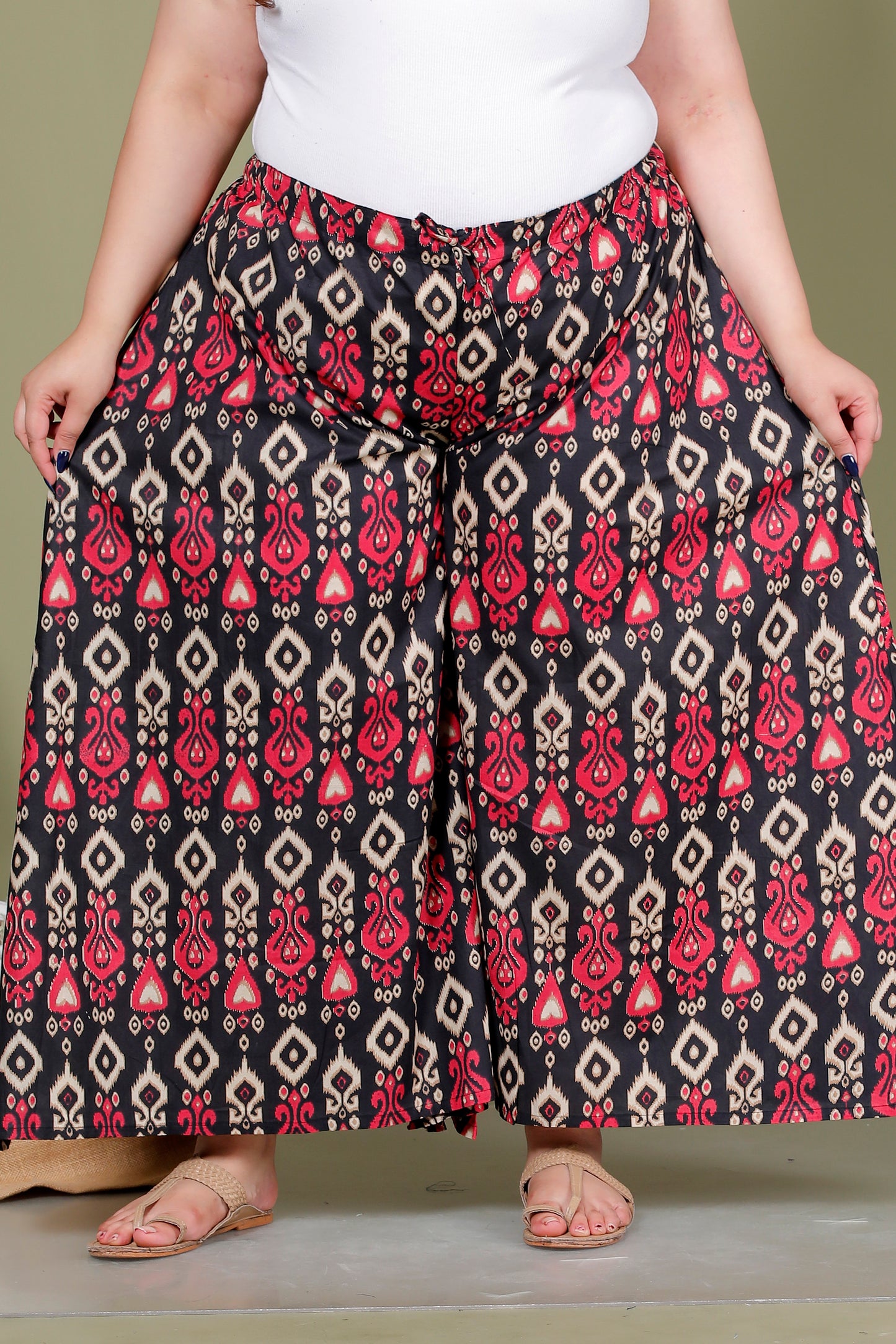 AJRAKH PRINT COTTON SKIRT PANTS IN RUST BLACK/RED BY PLUSSIZEKURTI