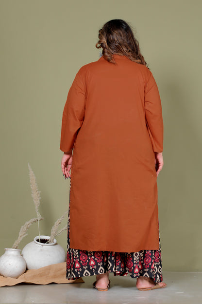 SKIRT PANT COTTON 2 PEICE SOLID KURTA SET IN BRUNT ORANGE/RED BY PLUSSIZEKURTI