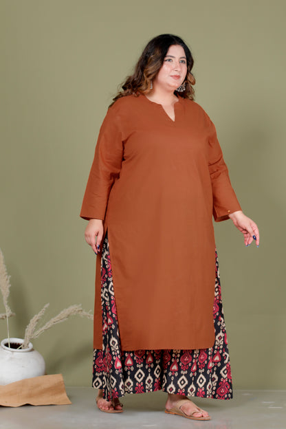 SKIRT PANT COTTON 2 PEICE SOLID KURTA SET IN BRUNT ORANGE/RED BY PLUSSIZEKURTI