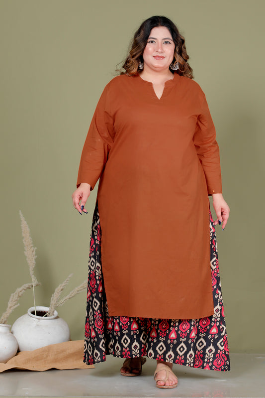 SKIRT PANT COTTON 2 PEICE SOLID KURTA SET IN BRUNT ORANGE/RED BY PLUSSIZEKURTI