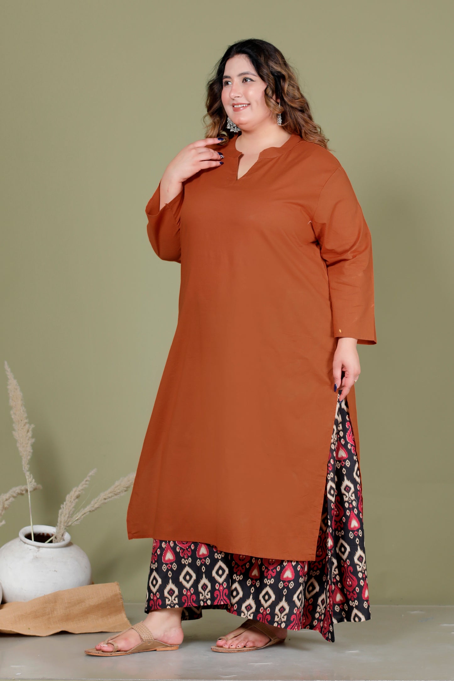 SKIRT PANT COTTON 2 PEICE SOLID KURTA SET IN BRUNT ORANGE/RED BY PLUSSIZEKURTI