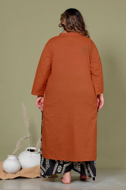 MEDALLION GEOMETRIC PRINT COTTON SKIRT PANTS IN RUST BLACK/IVORY BY PLUSSIZEKURTI