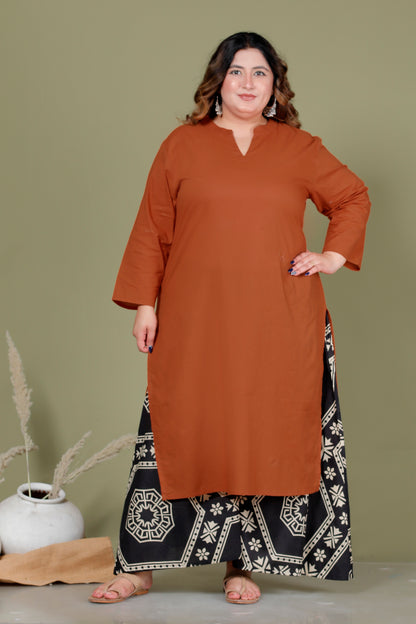 SKIRT PANT COTTON 2 PEICE SOLID KURTA SET IN BRUNT ORANGE/BLACK BY PLUSSIZEKURTI