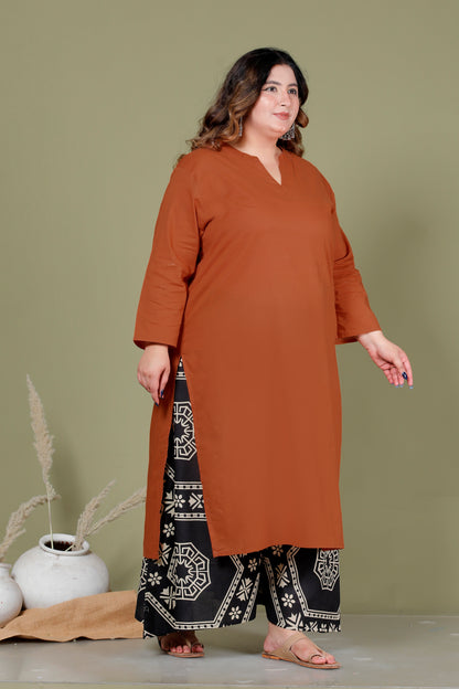 MEDALLION GEOMETRIC PRINT COTTON SKIRT PANTS IN RUST BLACK/IVORY BY PLUSSIZEKURTI