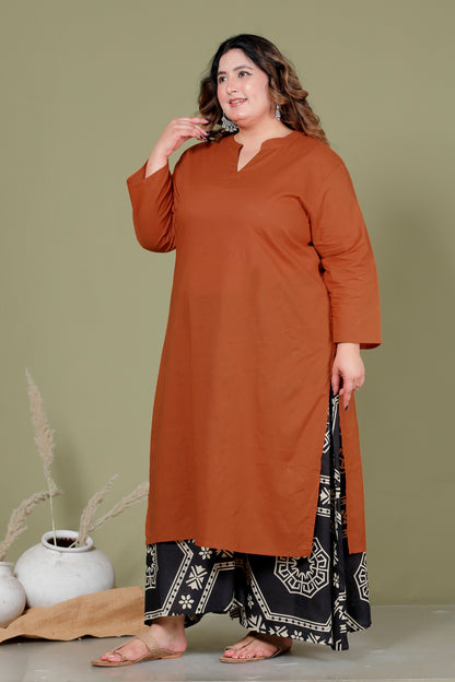 SKIRT PANT COTTON 2 PEICE SOLID KURTA SET IN BRUNT ORANGE/BLACK BY PLUSSIZEKURTI