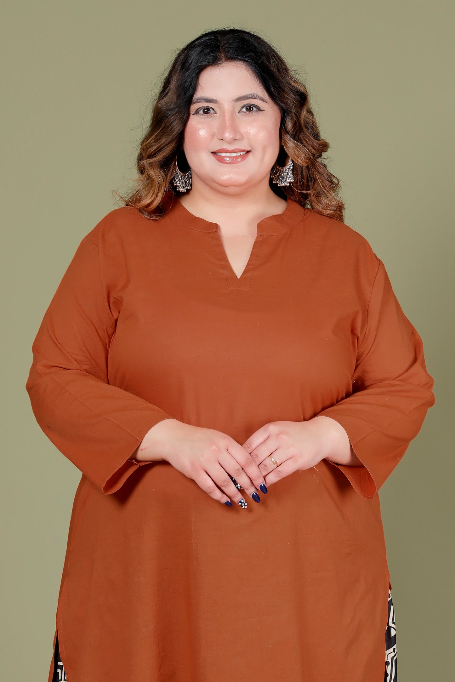 SKIRT PANT COTTON 2 PEICE SOLID KURTA SET IN BRUNT ORANGE/BLACK BY PLUSSIZEKURTI