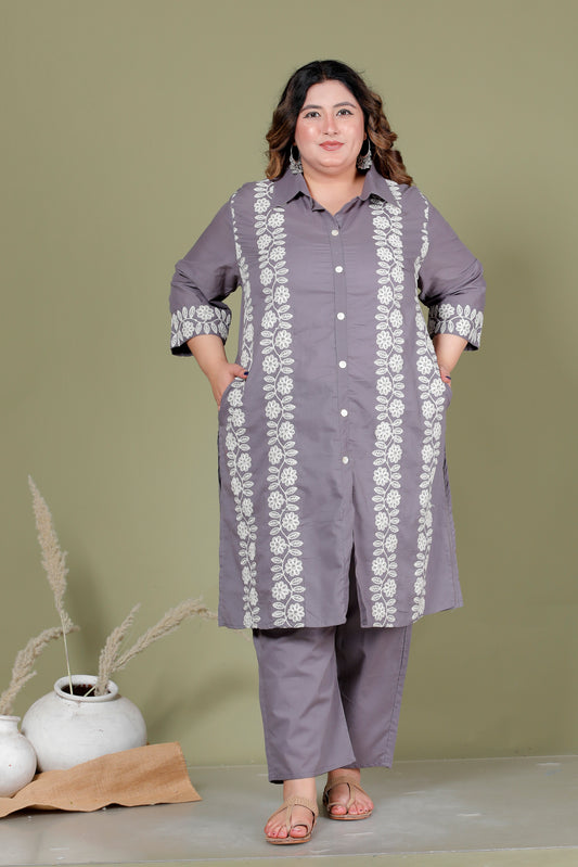 FLORAL THREAD EMBROIDERY COTTON 2 PEICE KURTA PANT IN ASH GREY BY PLUSSIZEKURTI