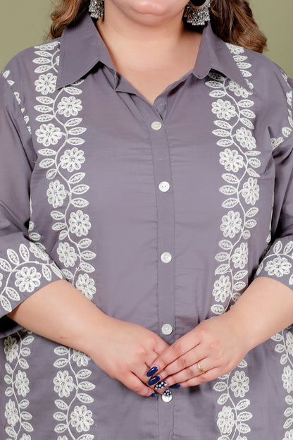 FLORAL THREAD EMBROIDERY COTTON 2 PEICE KURTA PANT IN ASH GREY BY PLUSSIZEKURTI
