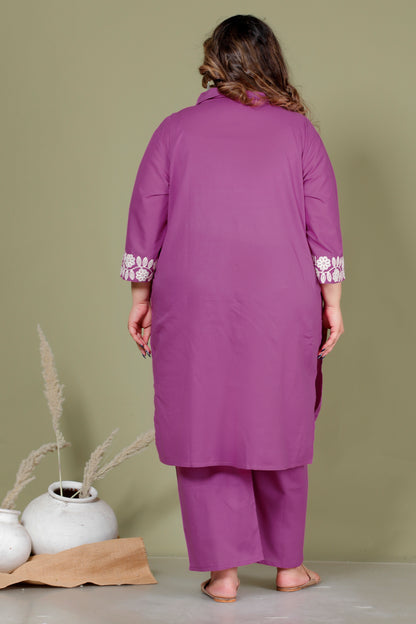 FLORAL THREAD EMBROIDERY COTTON 2 PEICE KURTA PANT IN PLUM PURPLE BY PLUSSIZEKURTI