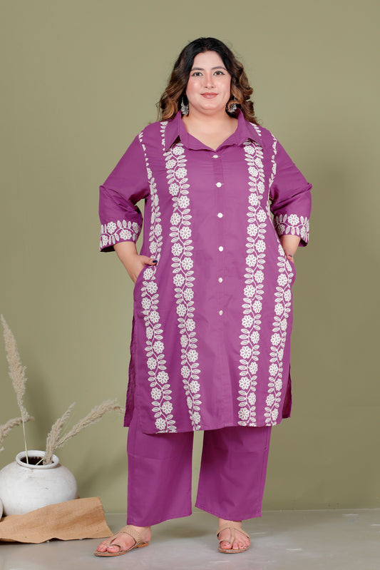 FLORAL THREAD EMBROIDERY COTTON 2 PEICE KURTA PANT IN PLUM PURPLE BY PLUSSIZEKURTI