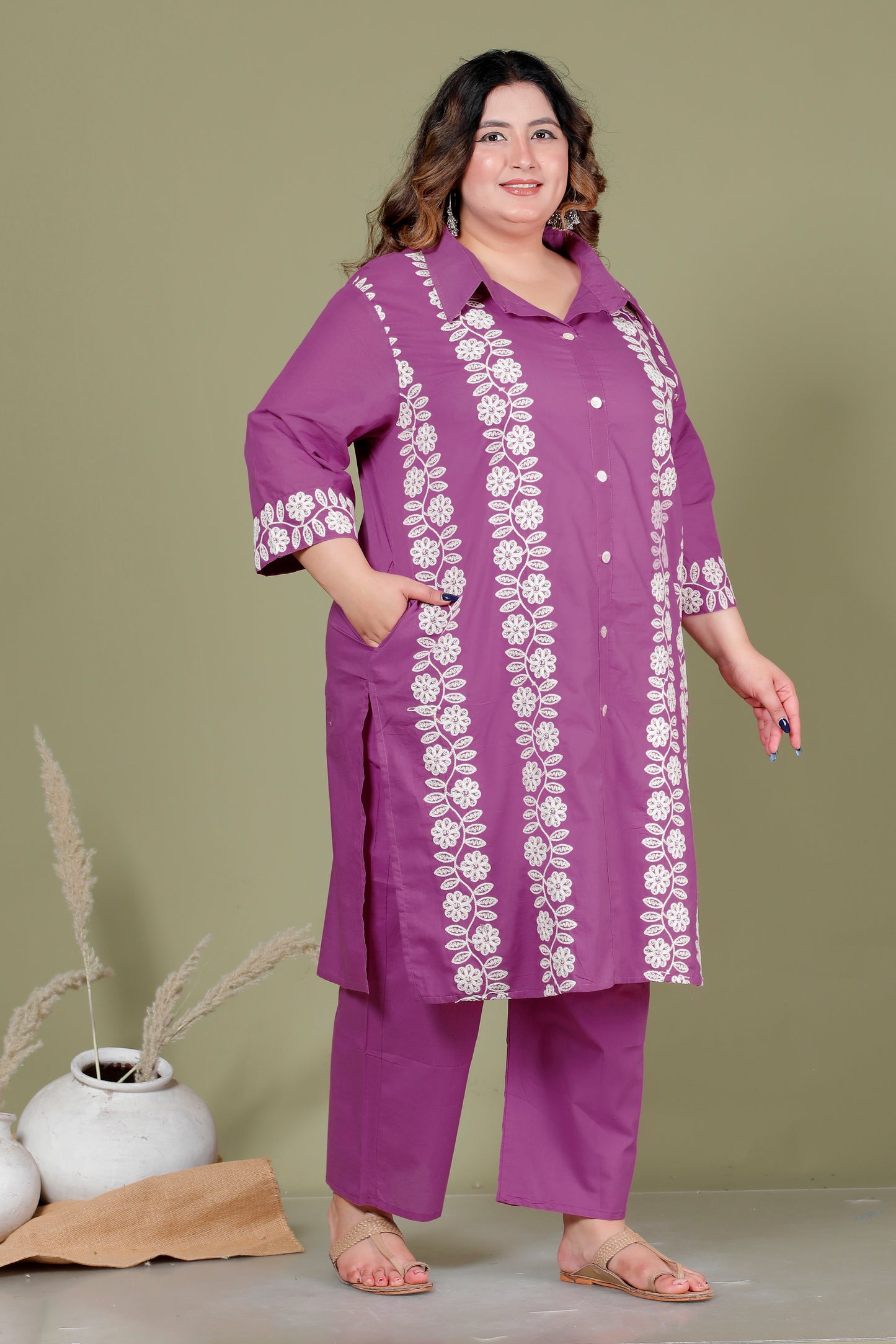 FLORAL THREAD EMBROIDERY COTTON 2 PEICE KURTA PANT IN PLUM PURPLE BY PLUSSIZEKURTI