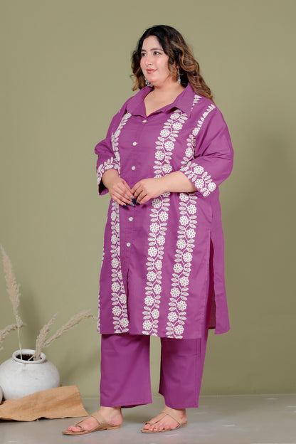 FLORAL THREAD EMBROIDERY COTTON 2 PEICE KURTA PANT IN PLUM PURPLE BY PLUSSIZEKURTI