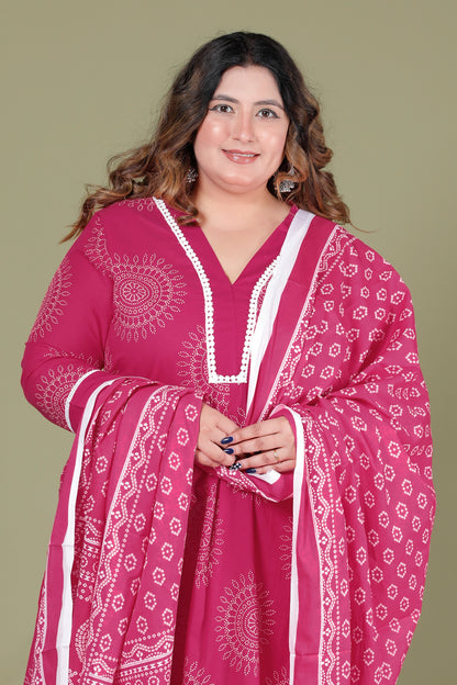 CIRCULAR BANDHANI PRINT COTTON 3 PEICE KURTA PANT IN RANIPINK BY PLUSSIZEKURTI