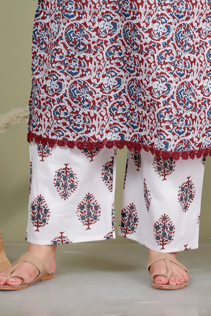 AJRAKH FLORAL PRINT COTTON 3 PEICE KURTA PANT IN DEEP MAROON BY PLUSSIZEKURTI
