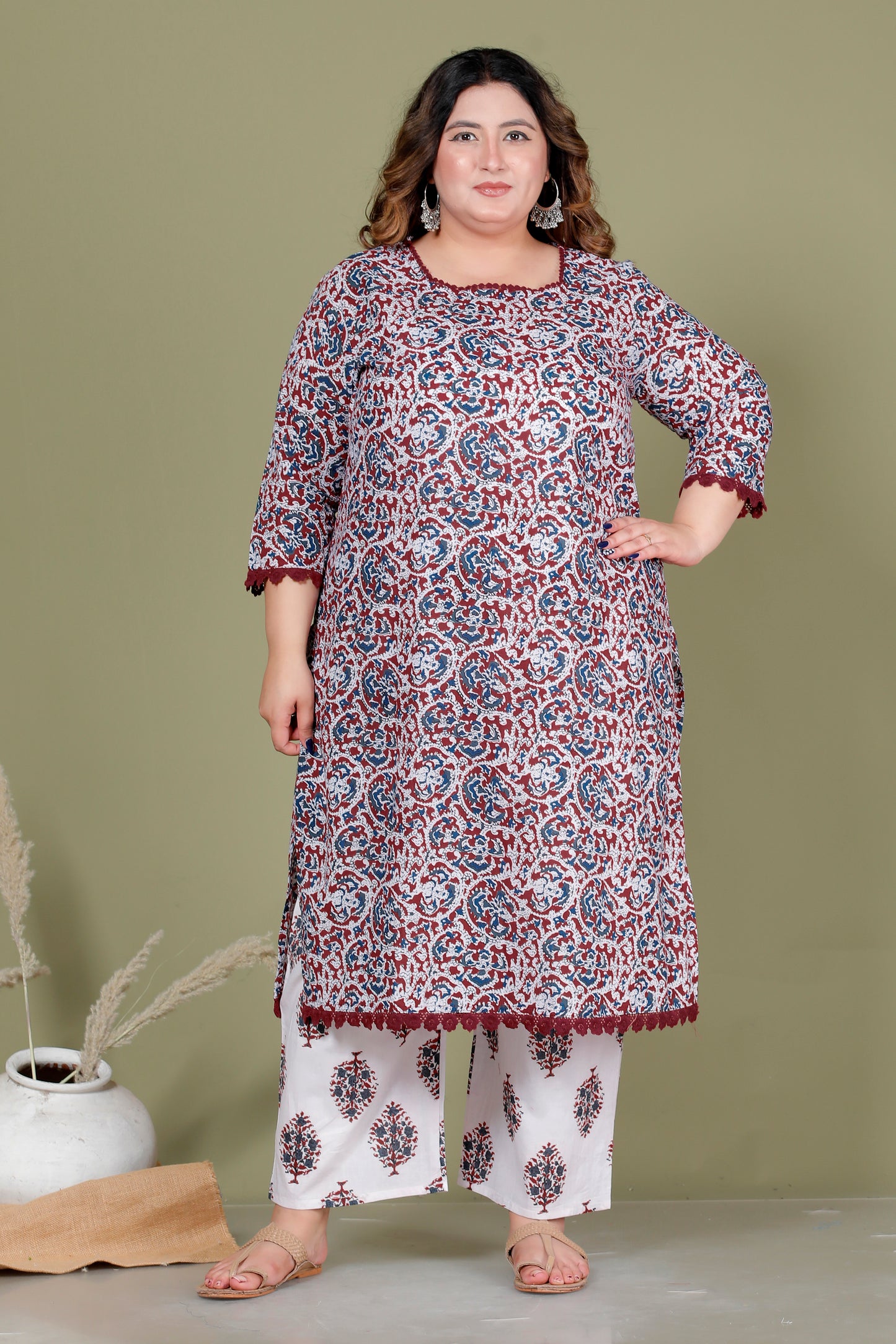 AJRAKH FLORAL PRINT COTTON 3 PEICE KURTA PANT IN DEEP MAROON BY PLUSSIZEKURTI