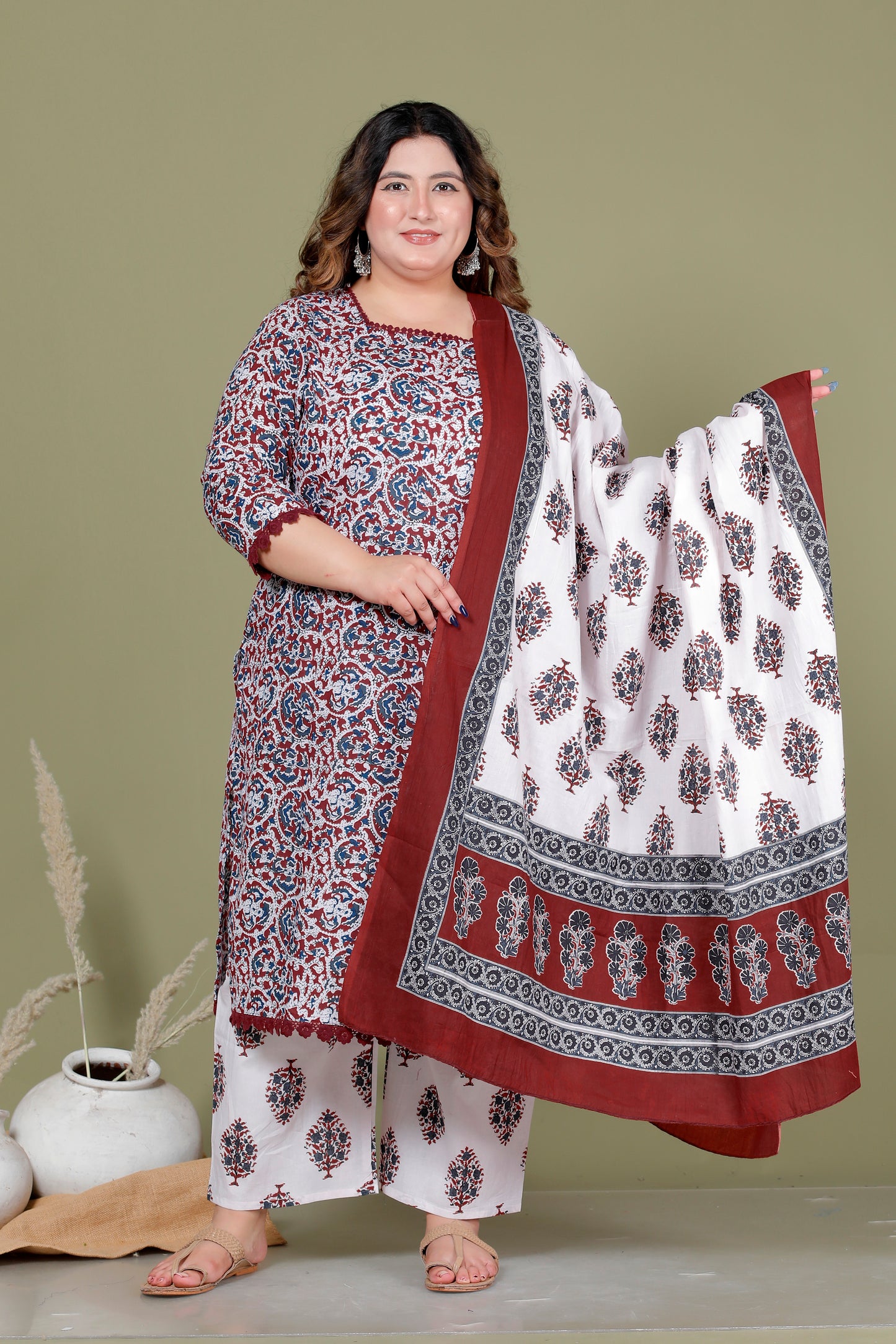 AJRAKH FLORAL PRINT COTTON 3 PEICE KURTA PANT IN DEEP MAROON BY PLUSSIZEKURTI