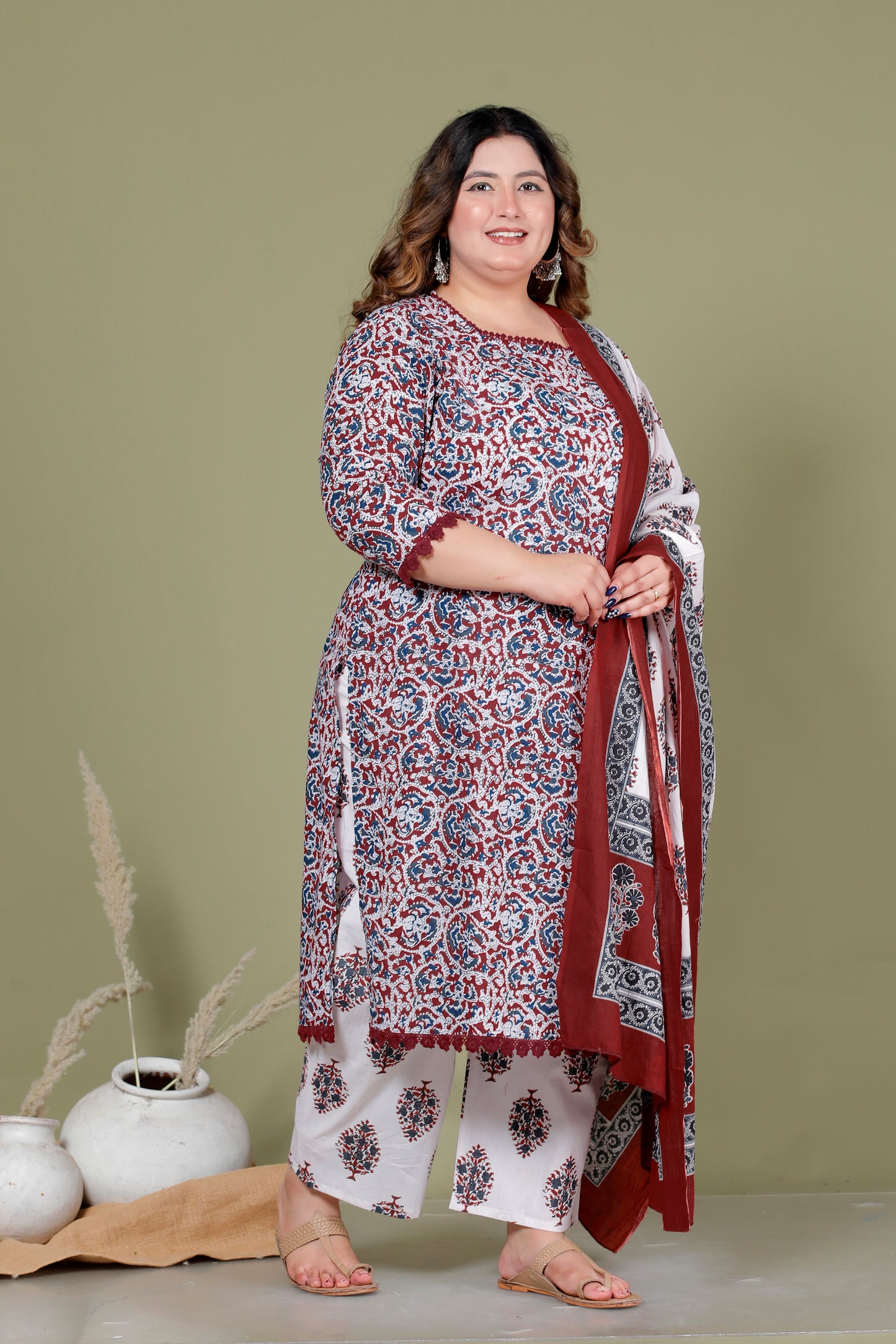 AJRAKH FLORAL PRINT COTTON 3 PEICE KURTA PANT IN DEEP MAROON BY PLUSSIZEKURTI