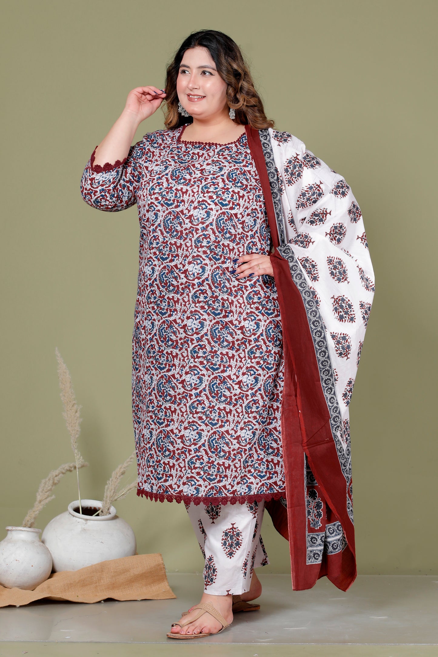 AJRAKH FLORAL PRINT COTTON 3 PEICE KURTA PANT IN DEEP MAROON BY PLUSSIZEKURTI