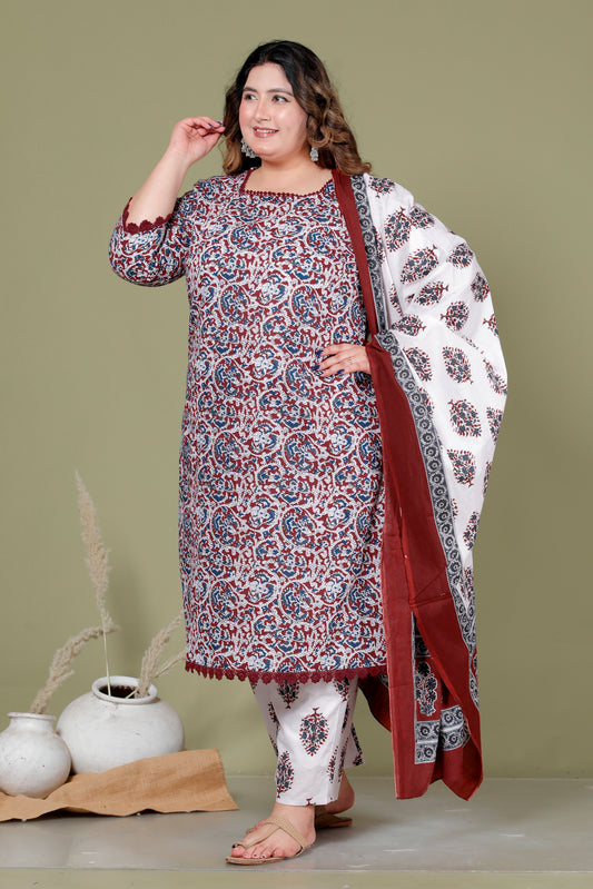 AJRAKH FLORAL PRINT COTTON 3 PEICE KURTA PANT IN DEEP MAROON BY PLUSSIZEKURTI