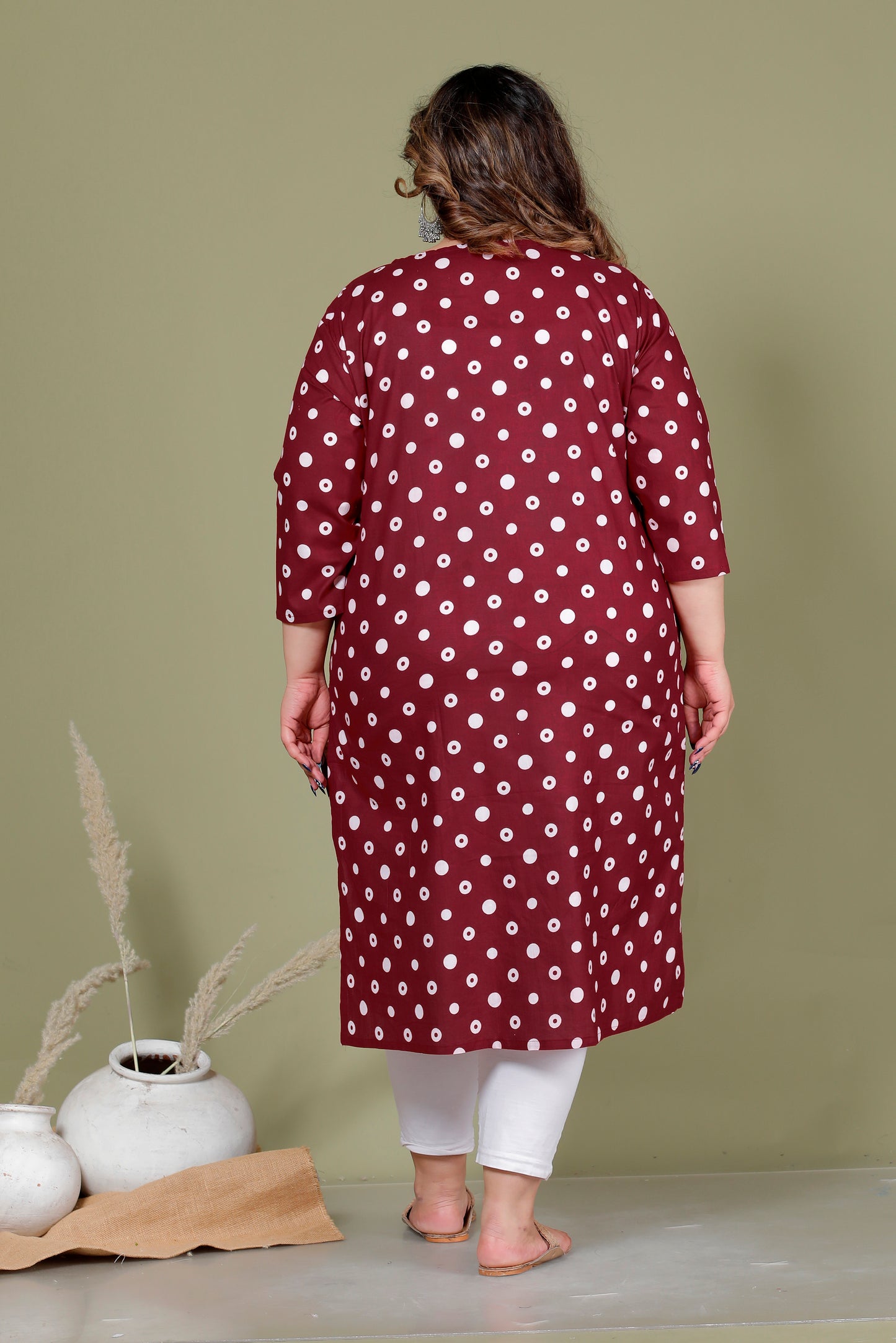 POLKA DOT PRINT COTTON KURTI IN DEEP MAROON BY PLUSSIZEKURTI