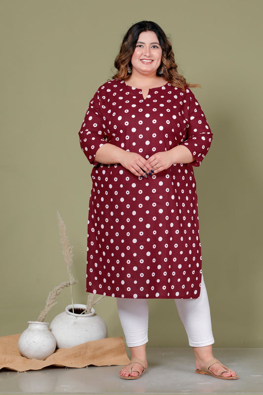 POLKA DOT PRINT COTTON KURTI IN DEEP MAROON BY PLUSSIZEKURTI