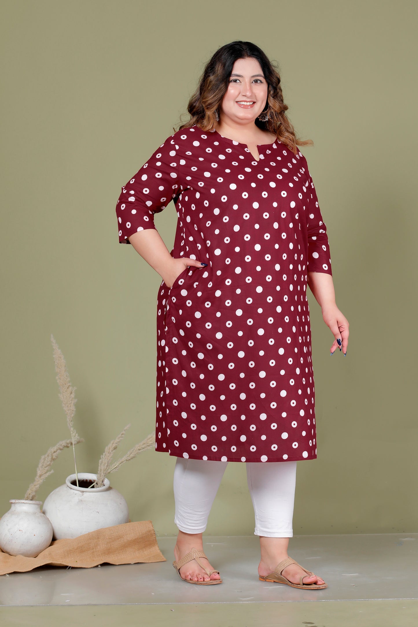 POLKA DOT PRINT COTTON KURTI IN DEEP MAROON BY PLUSSIZEKURTI