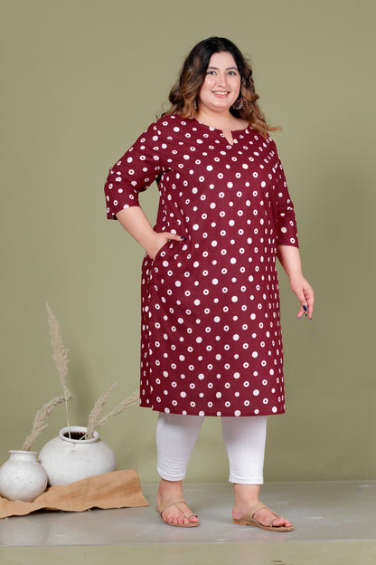 POLKA DOT PRINT COTTON KURTI IN DEEP MAROON BY PLUSSIZEKURTI