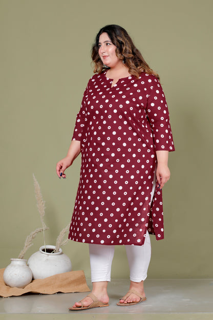 POLKA DOT PRINT COTTON KURTI IN DEEP MAROON BY PLUSSIZEKURTI