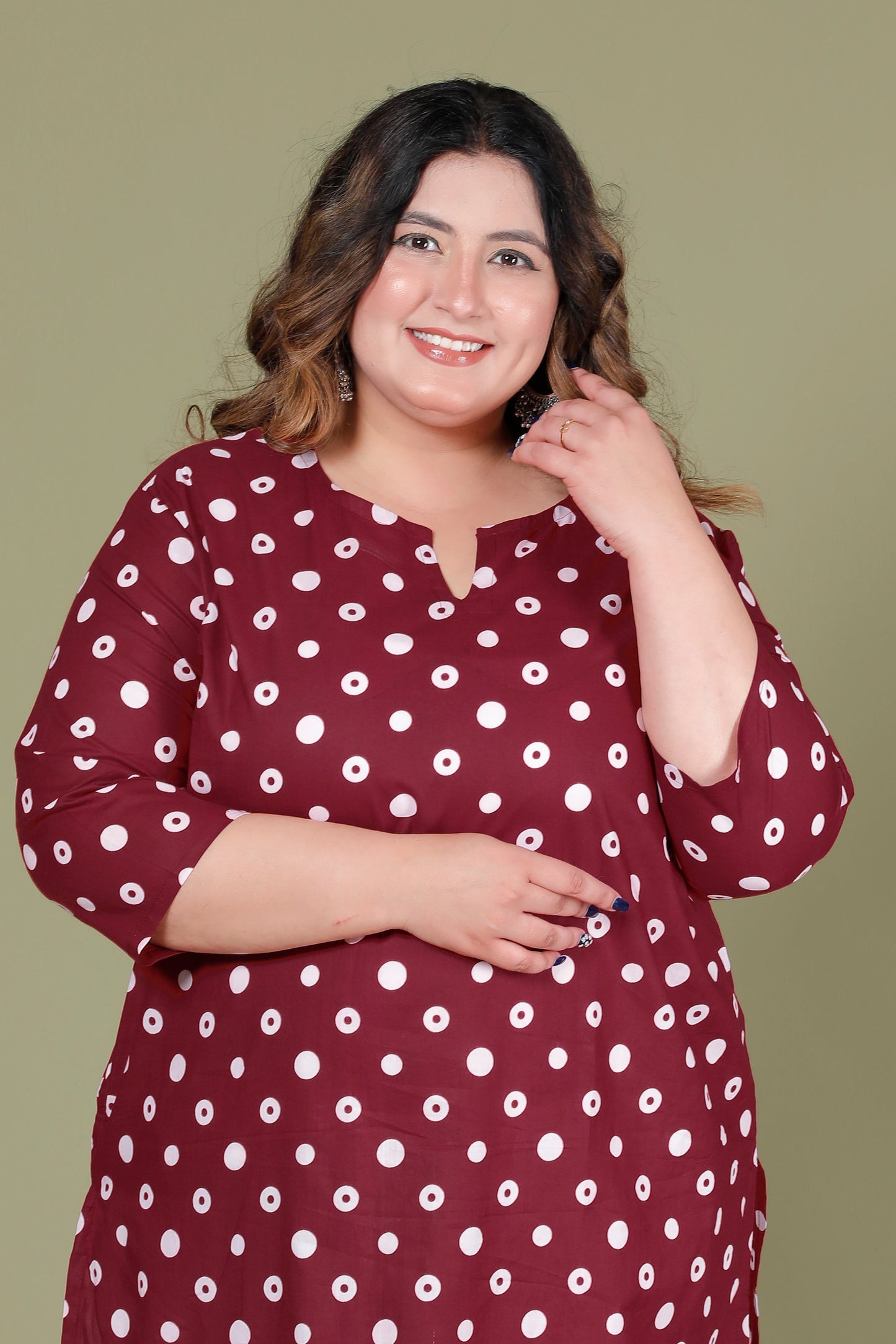 POLKA DOT PRINT COTTON KURTI IN DEEP MAROON BY PLUSSIZEKURTI