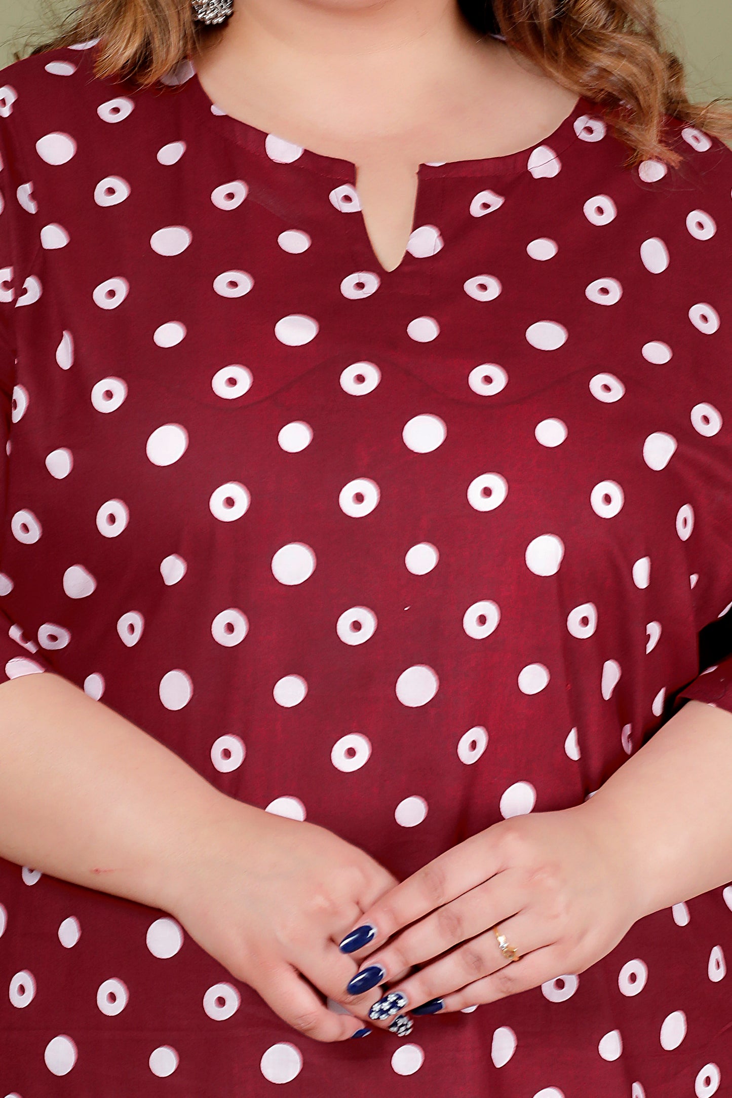 POLKA DOT PRINT COTTON KURTI IN DEEP MAROON BY PLUSSIZEKURTI