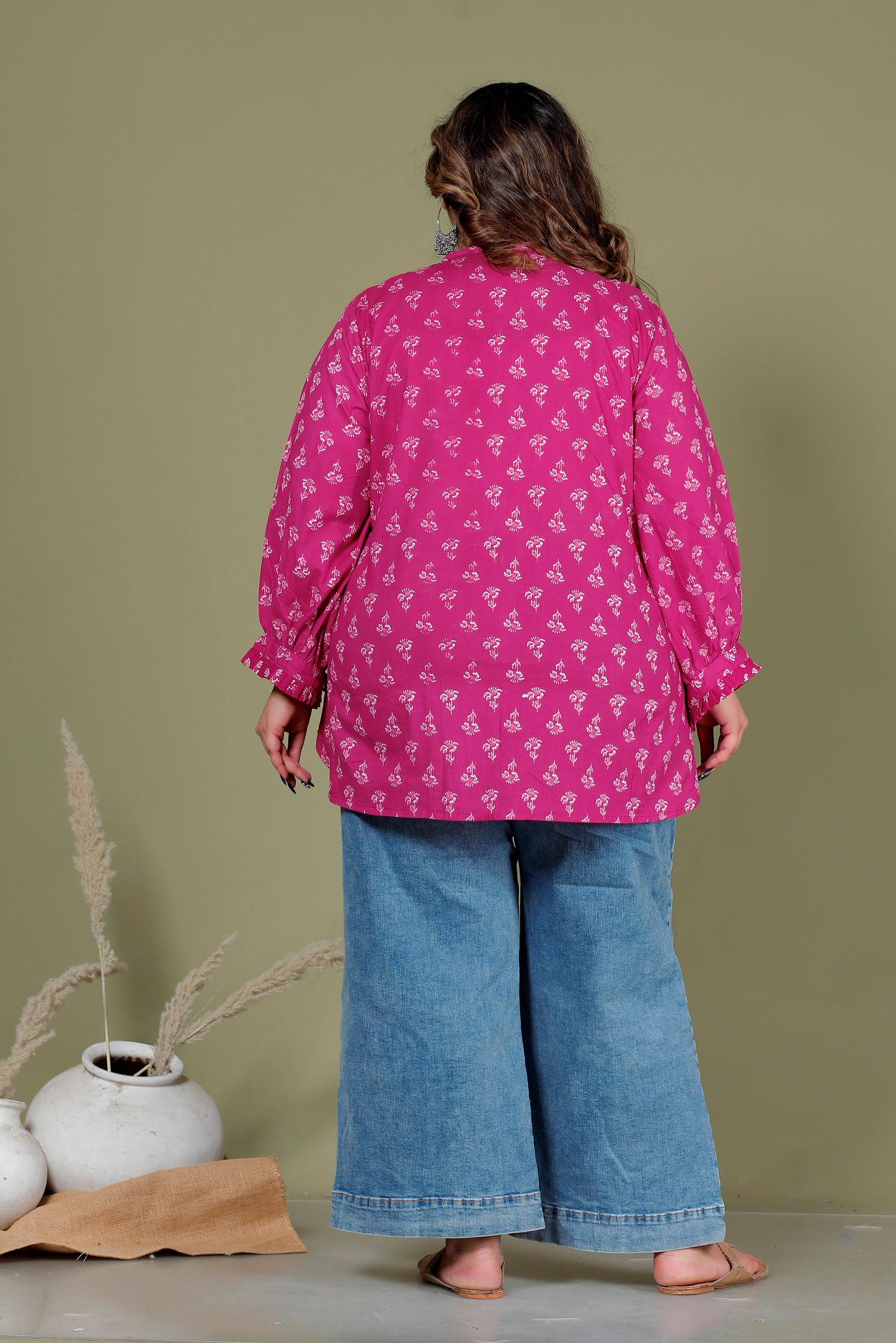 FLORAL BUTI PRINT COTTON SHIRT TOP IN MAGENTA PINK COLOUR BY PLUSSIZEKURTI