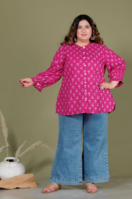 FLORAL BUTI PRINT COTTON SHIRT TOP IN MAGENTA PINK COLOUR BY PLUSSIZEKURTI
