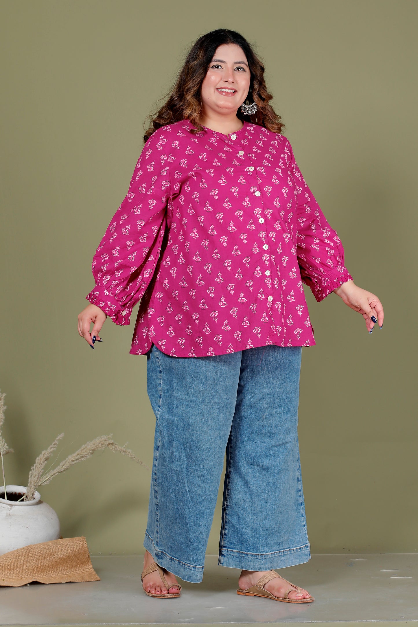 FLORAL BUTI PRINT COTTON SHIRT TOP IN MAGENTA PINK COLOUR BY PLUSSIZEKURTI